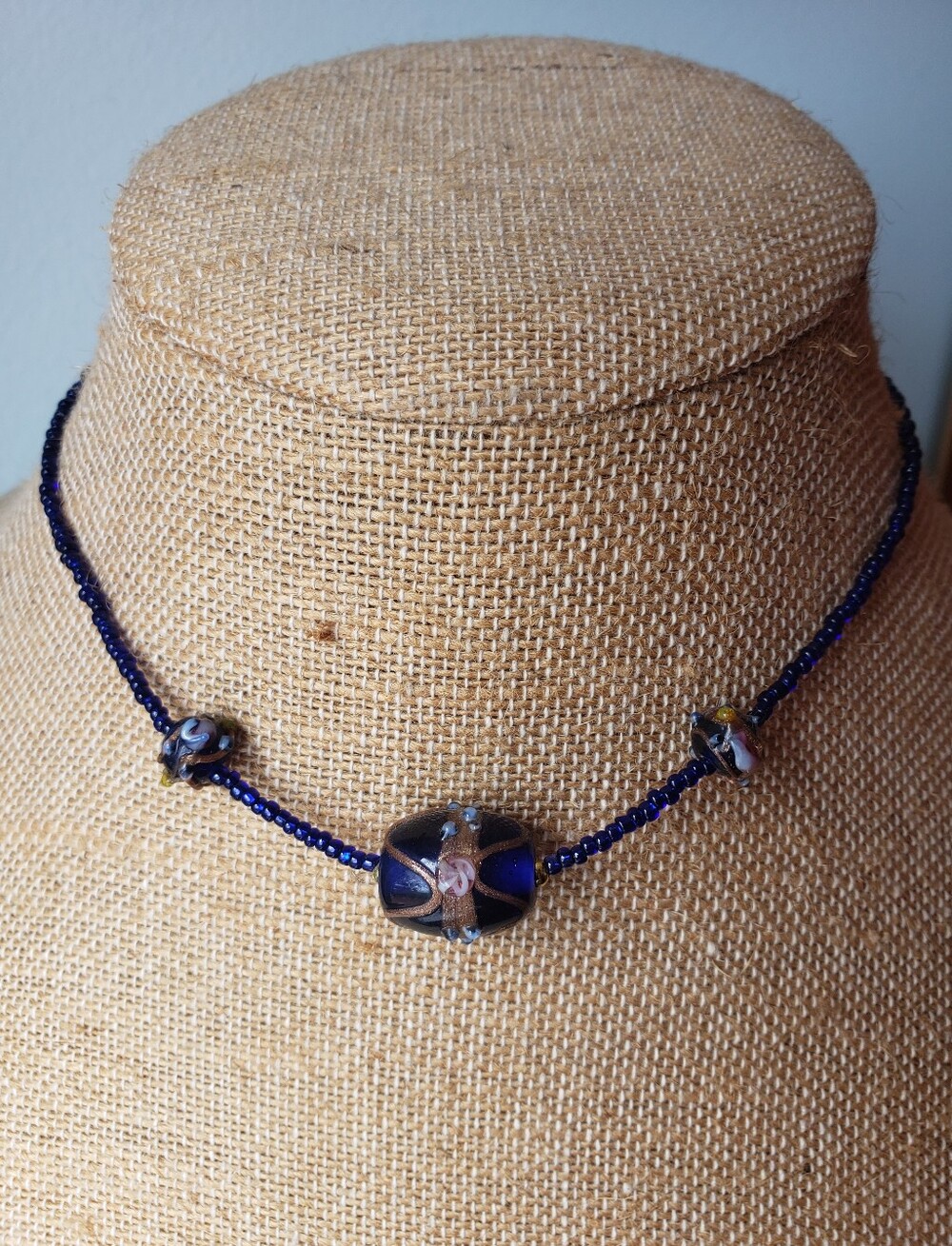 New 1990's Handcrafted Blue Glass Bead Necklace